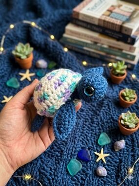 Handmade Blue Crochet Turtle Toy with Cream Shell